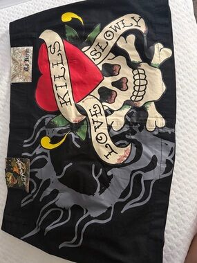 Ed Hardy Black Banner with Red Heart and Cream Skull